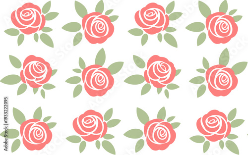 Seamless pattern of coral pink roses with green leaves white background floral