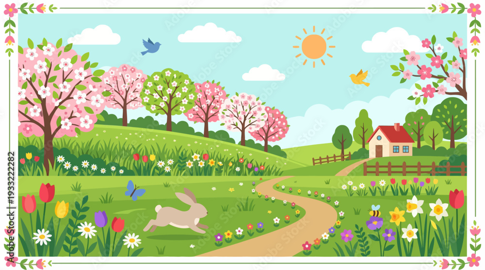 Naklejka premium Whimsical spring landscape with happy bunny in colorful garden