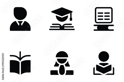 Education icons: student, graduation, books, computer, learning