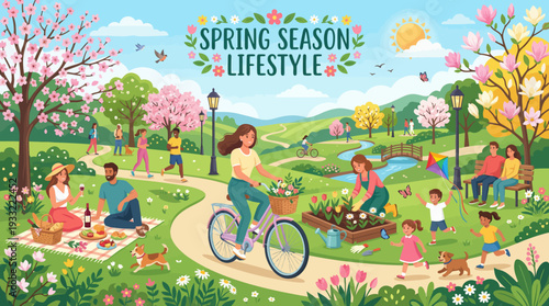 People enjoying spring season lifestyle in a beautiful park