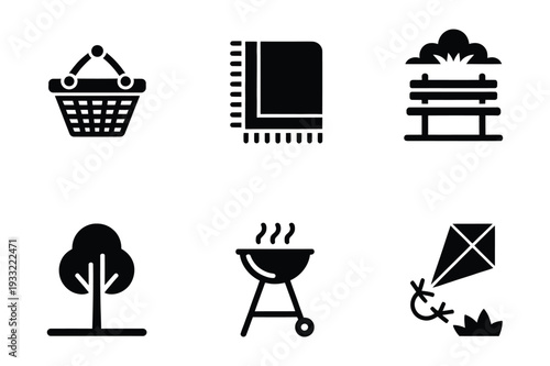 Picnic icons: basket, blanket, grill, kite, park, outdoor leisure