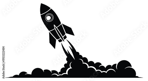 Rocket ship silhouette in retro style, blasting off with fiery exhaust and smoke trails, space exploration and science fiction theme, minimal bold vector illustration isolated.
