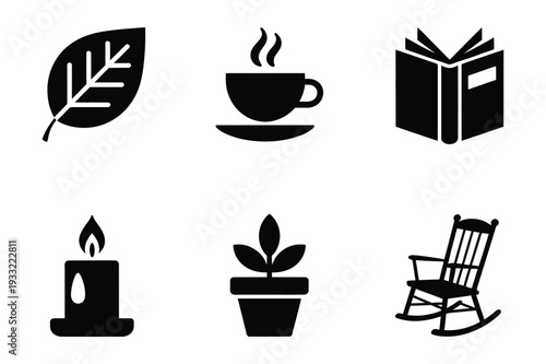 Cozy Lifestyle Icons: Leaf, Coffee, Book, Candle, Plant