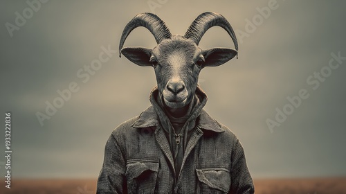 A whimsical image of a goat wearing human attire and gazing directly at the viewer