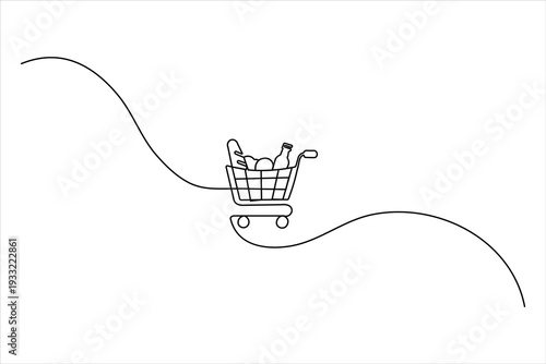 Minimalist continuous one-line drawing of a shopping cart with a baguette and a bottle. Modern black and white grocery icon on a white background.