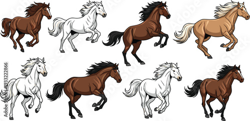 Running Horse Collection with Brown, White and Black Stallions in Dynamic Galloping Poses Cartoon Vector Illustration Set