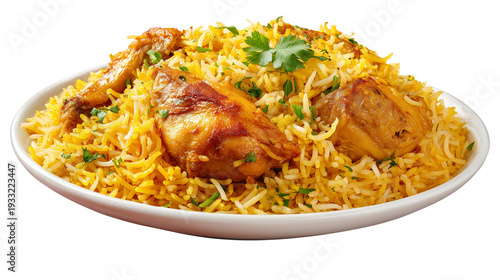 A plate of flavorful chicken biryani on a white plate with herbs isolated on transparent background