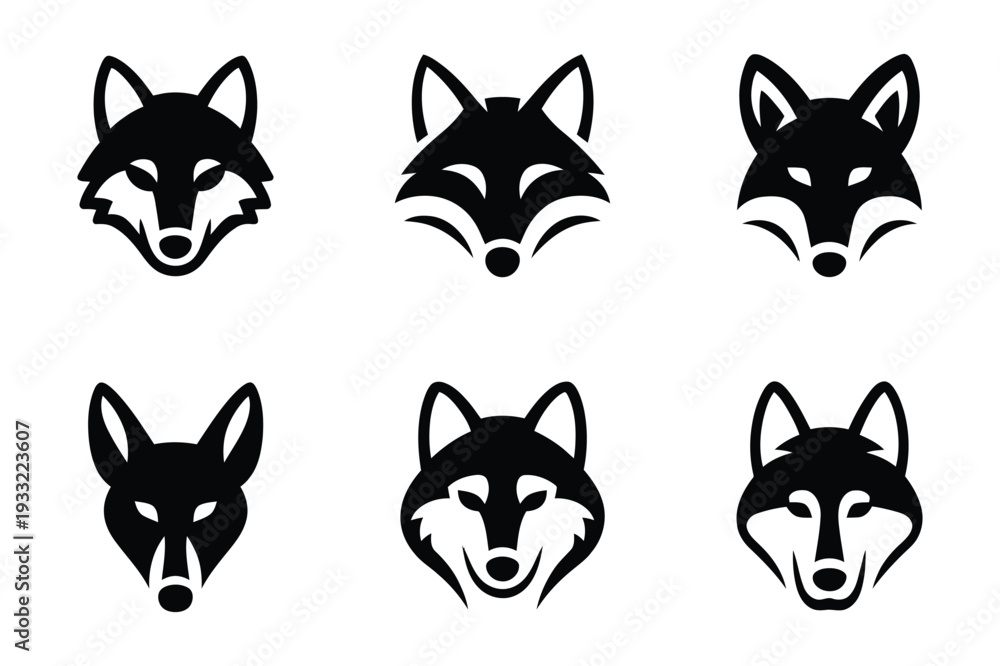 Obraz premium Fox and Wolf Face Icons: Animal Emblems, Head Silhouettes