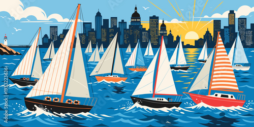 USA, US, U.S, United States - Boston Harbour at sunrise, sailboats and city skyline, ultra-wide flat vector 