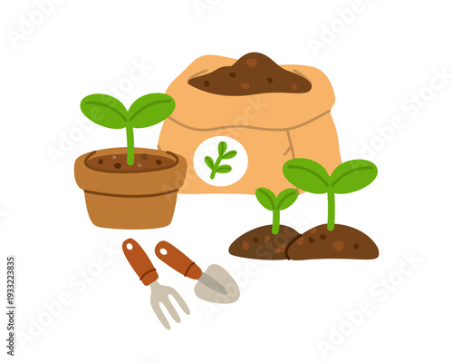 Seeding in pot, soil bag, seeds and sprouts for spring, summer and farm design. Flat vector illustration.