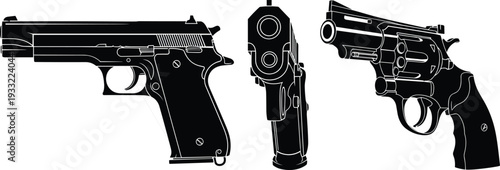 Three black silhouette firearms including a semi-automatic pistol and a revolver on a white background Keywords: gun, pistol