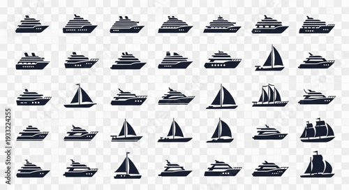 Collection of various boat silhouettes representing different types of watercraft vessels.