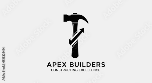 Minimalist black claw hammer graphic with an upward growth arrow, representing construction, building, renovation, progress, and success