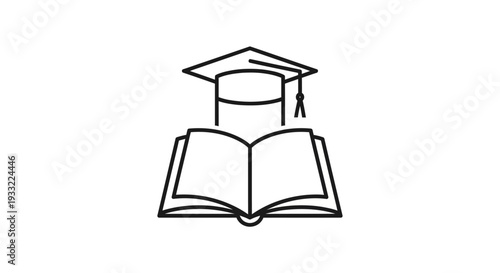 Open book with graduation cap line icon. Educational symbol for learning, knowledge, study, and academic success.