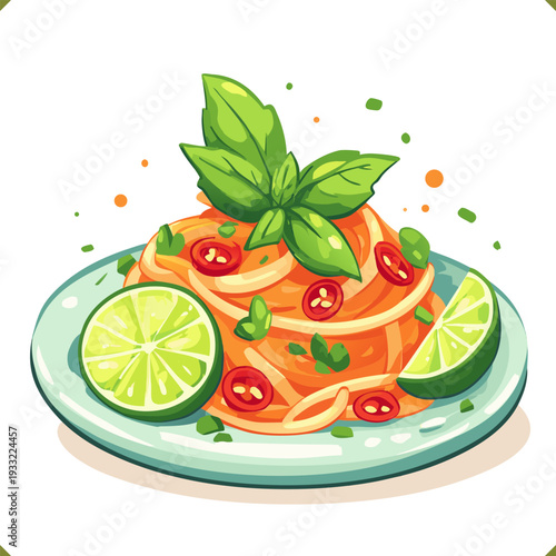 Vector illustration of Thai green salad som tum with lime slices, chili peppers, and fresh herbs in a bowl, top view, isolated on a white background