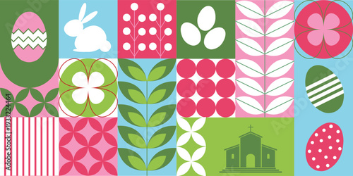 Bright geometric Easter patchwork pattern featuring bunny, decorated eggs, church, florals and leaf motifs in pink, green and blue blocks.