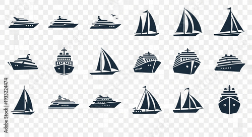 Collection of various boat and ship silhouettes in black color on transparent background.