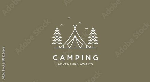 Minimalist Line Art Camping Adventure Logo with Teepee Tent and Pine Trees in Nature. Outdoor Travel Vector Illustration.