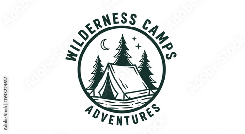 Vintage Wilderness Camps Adventures Emblem with Tent and Pine Trees for Outdoor Camping and Nature Travel Illustration