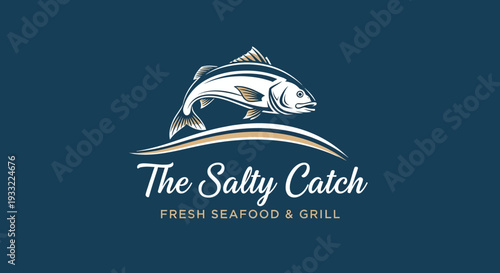 Classic jumping fish seafood restaurant logo with wave design for fresh catch, grill, and ocean-themed dining.
