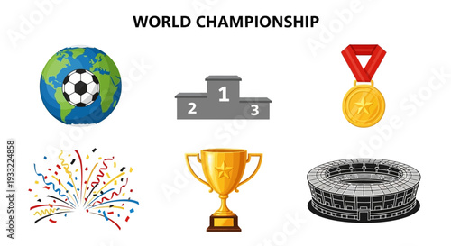 Celebrating global soccer tournament victory with medals and trophies on a championship podium with fireworks