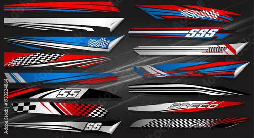 Collection of dynamic racing car decals with vibrant colors and stylish designs for vehicles.
