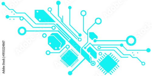 Modern circuit board design with vibrant blue lines and microchips