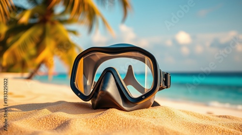 scuba diving mask on golden sand, with a soft focus background of palms and ocean on background. vacation mood
