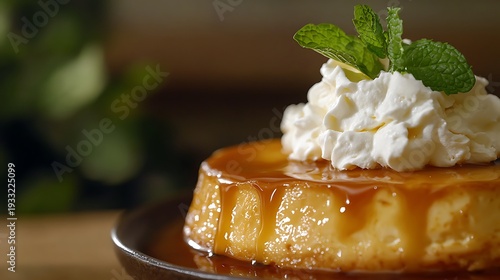 Delicious caramel flan topped with whipped cream and fresh mint leaves