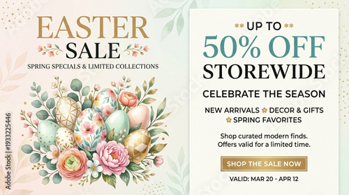 Easter sale banner with floral eggs discount spring season celebration template design