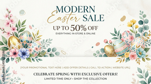 Modern Easter sale banner with floral decor up to 50 percent off spring discount poster