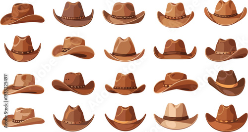 Western Cowboy Hat Collection with Different Brown Leather Styles and Shapes Isolated Cartoon Vector Illustration Set