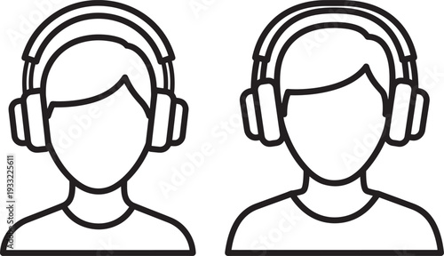 Silhouette heads with headphones, outline illustration