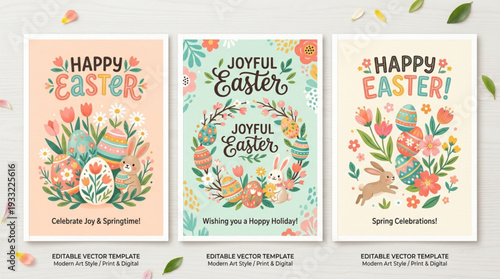 Happy Easter greeting card template with floral wreath and festive text editable vector design
