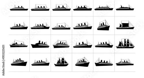 Collection of various ship silhouettes, showcasing diverse vessel designs and maritime themes.