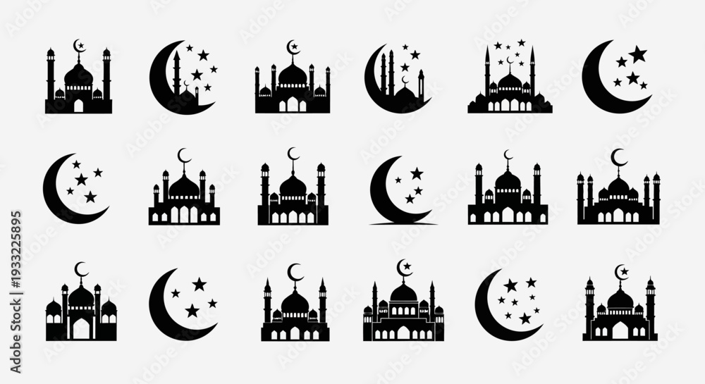 Obraz premium Islamic themed icons featuring mosques crescent moons and starry night skies