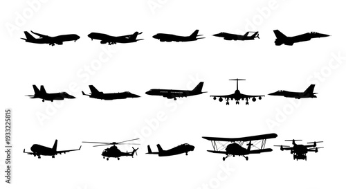 Silhouettes of diverse aircraft including airplanes helicopters and biplanes