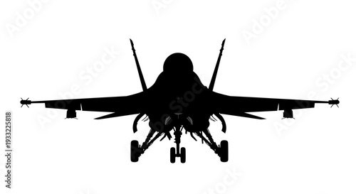 Silhouette of a modern fighter jet facing directly towards the viewer
