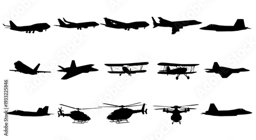 Silhouettes of various military aircraft including planes and helicopters