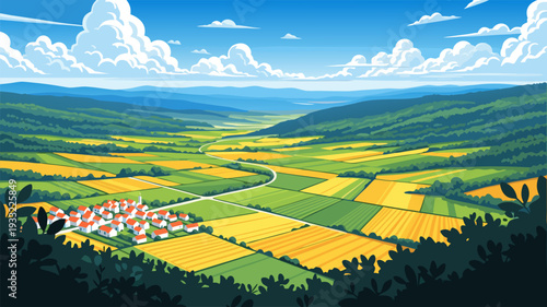 Vibrant rural landscape illustration with a village and patchwork fields under a scenic blue sky