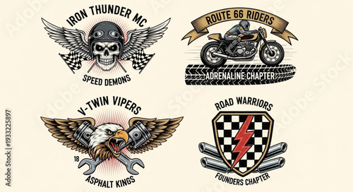 Motorcycle club emblems featuring skulls, eagles, and riders with wings and banners.