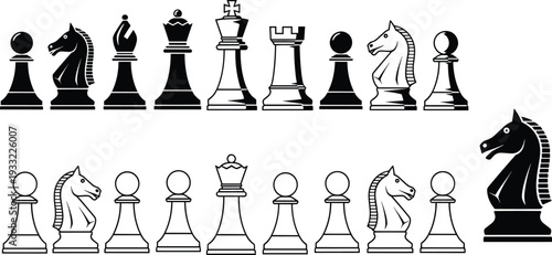 Chess pieces set vector illustration, black and white king queen rook bishop knight pawn strategy board game icons