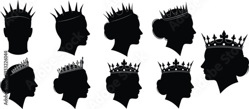 Queen crown silhouette collection, royal woman profile with tiara and king head isolated black vector illustration set