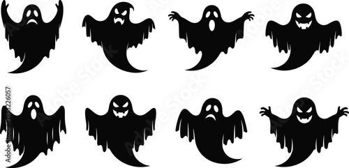 Spooky Ghost Silhouette Set Halloween Cartoon Spirit Characters Vector Collection Isolated on White Background