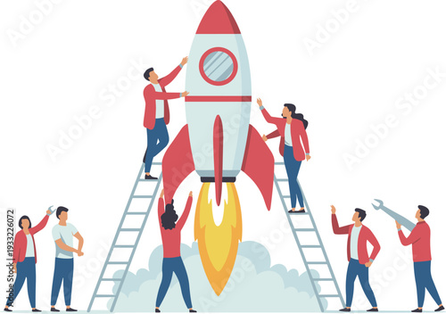 Startup team launching rocket business concept cartoon vector illustration of teamwork and project development