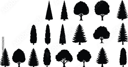 Tree Silhouette Collection Pine and Deciduous Forest Nature Vector Set Isolated on White Background