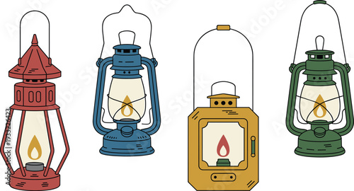 Vintage kerosene lantern collection colorful retro camping oil lamps isolated on white background