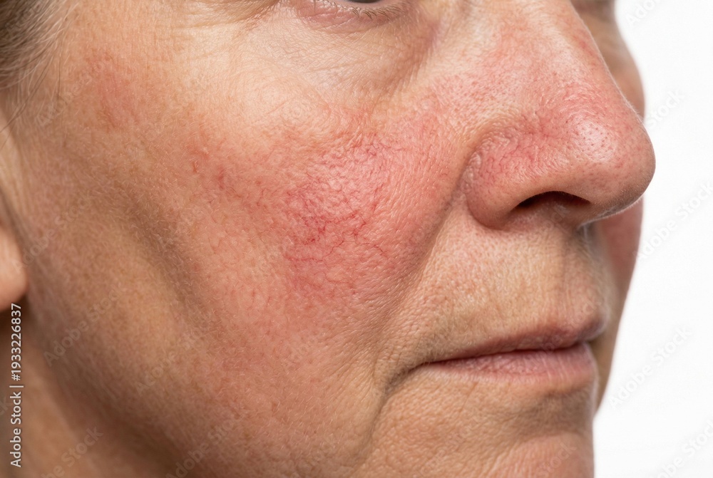 Obraz premium High-key clinical macro close-up of an elderly woman's facial cheek and nose area showing visible rosacea with diffuse redness and small telangiectasia, captured with soft lighting on a white