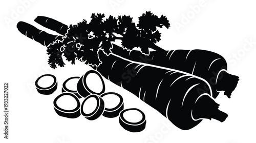 Carrot vegetable silhouette with green leaves and sliced pieces for food design