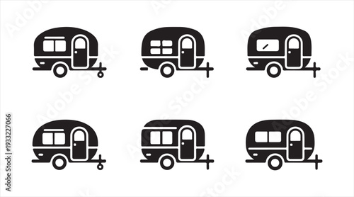 Black camper trailer silhouettes collection for travel and outdoor adventure concepts